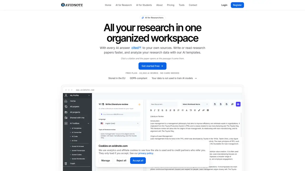 Avidnote website screenshot