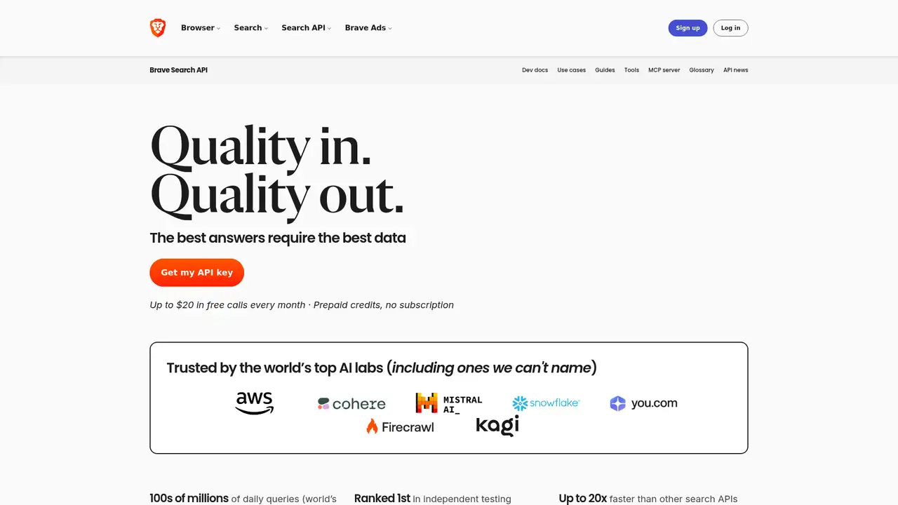 Brave Search API website screenshot