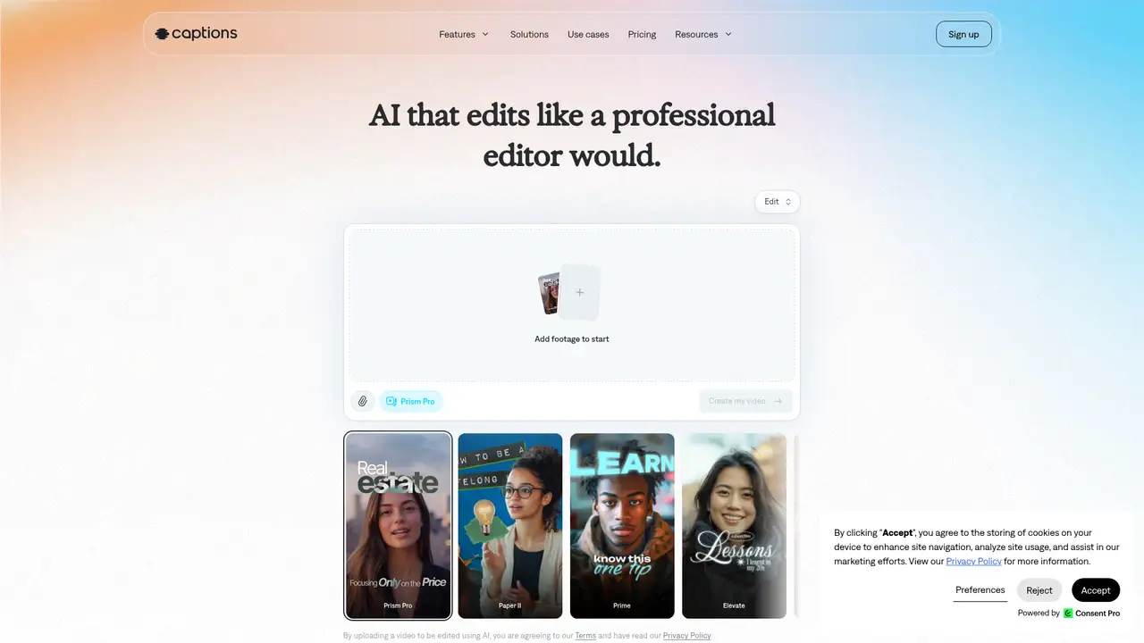 Captions website screenshot