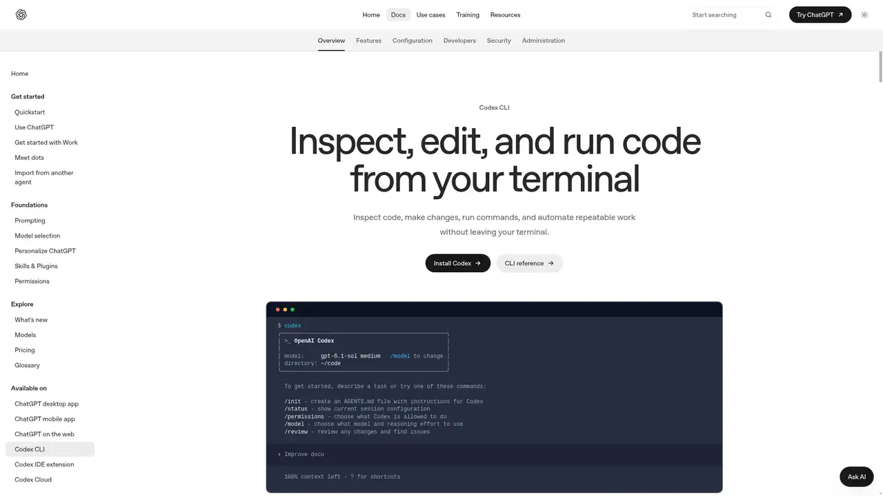 OpenAI Codex CLI website screenshot