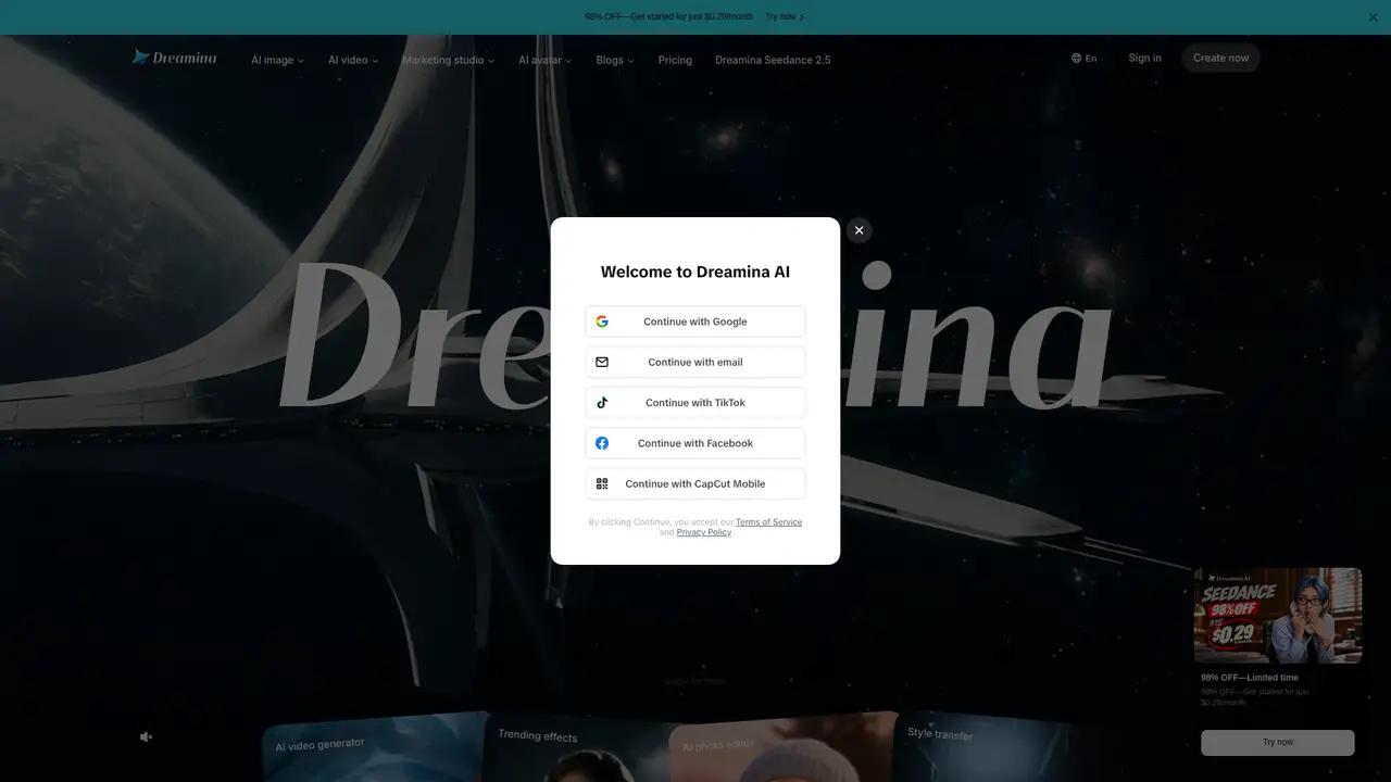 Dreamina website screenshot