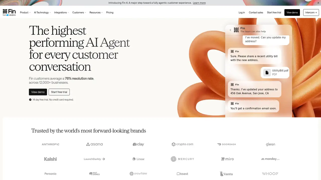 Intercom Fin website screenshot