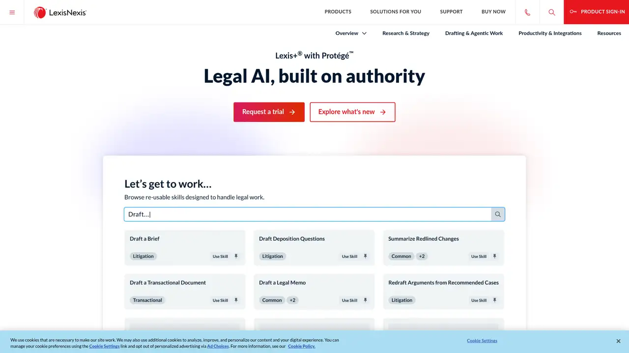 Lexis+ with Protégé (formerly Lexis+ AI) website screenshot