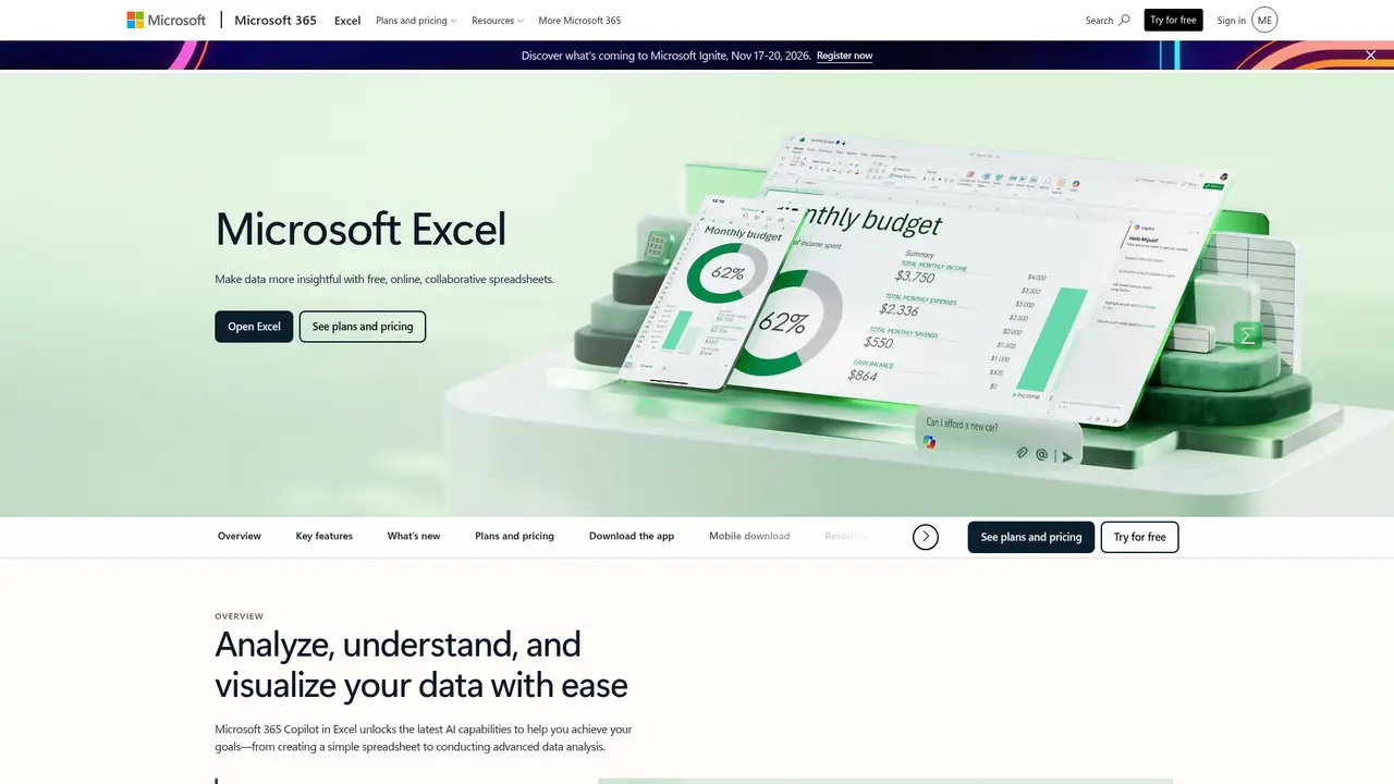 Microsoft Copilot in Excel website screenshot