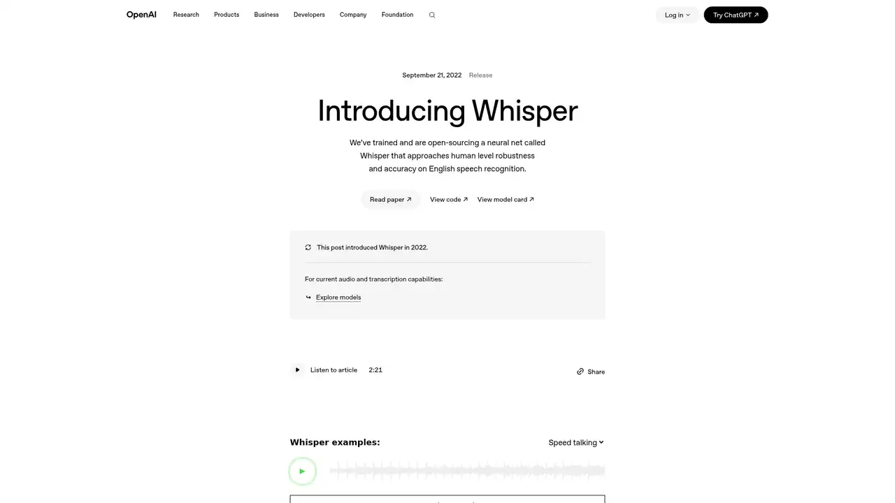 OpenAI Whisper website screenshot