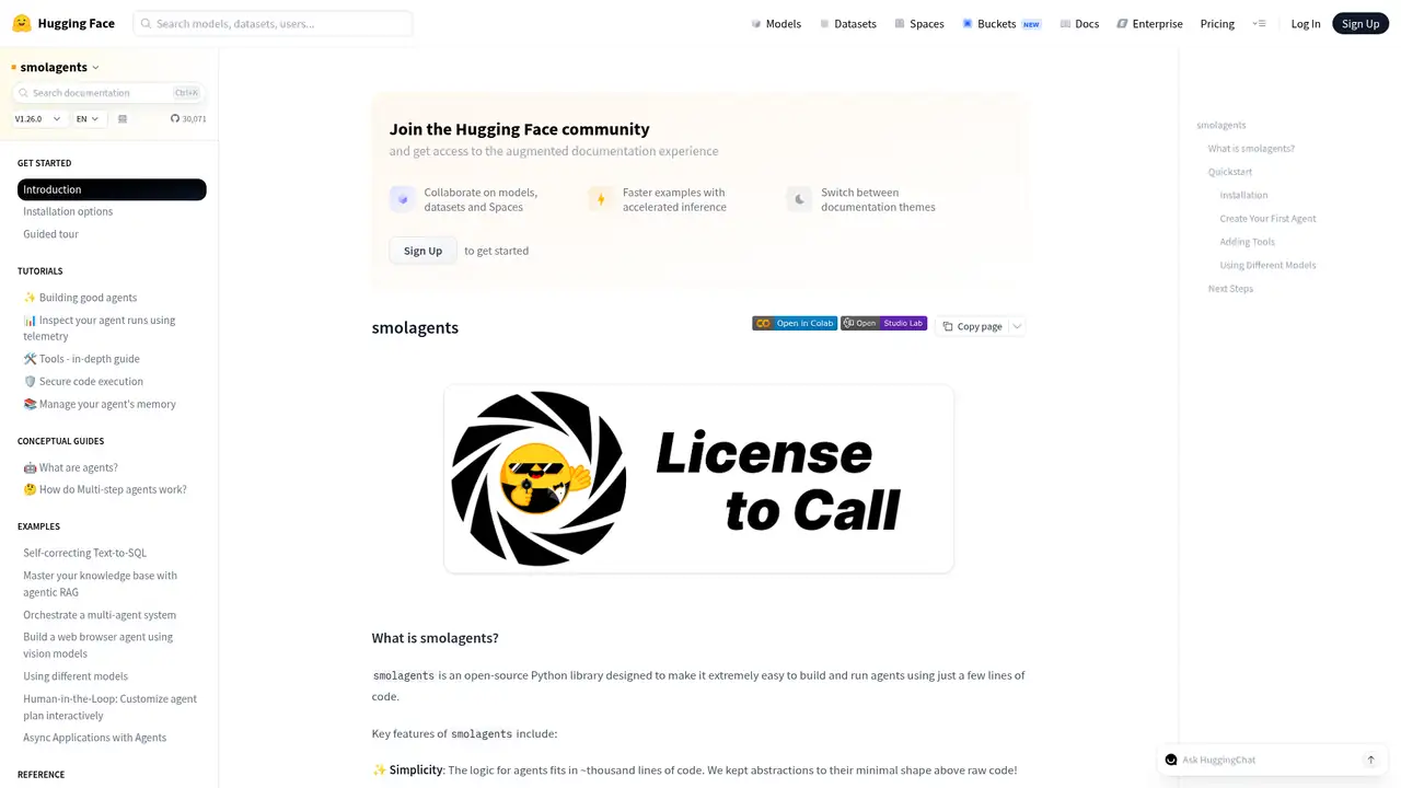 Smolagents website screenshot