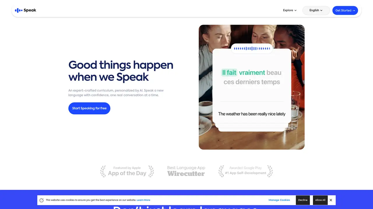 Speak website screenshot
